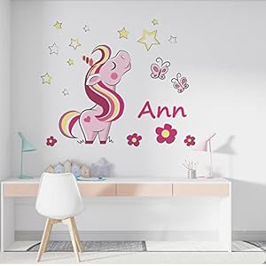 Little Unicorn Wall Decals – Attractive Foal Sticker with Flowers Starts and Butterfly – Cute Unicorn Decoration for Nursery Room Girls Bedroom Kids Playing Room – Children Personalized D?cor 7×8,5