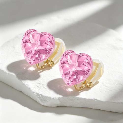 HUEVOTIA Heart Crystal Clip On Earrings for Women (Pink) - 4