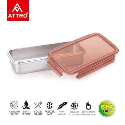 Image of Attro Steelox Rectangle Stainless Steel Container with Plastic Seal Lid BPA Free Food Grade Leak-Proof Ideal for School, Office & Outdoor Lunch Pack - 630ml Brown