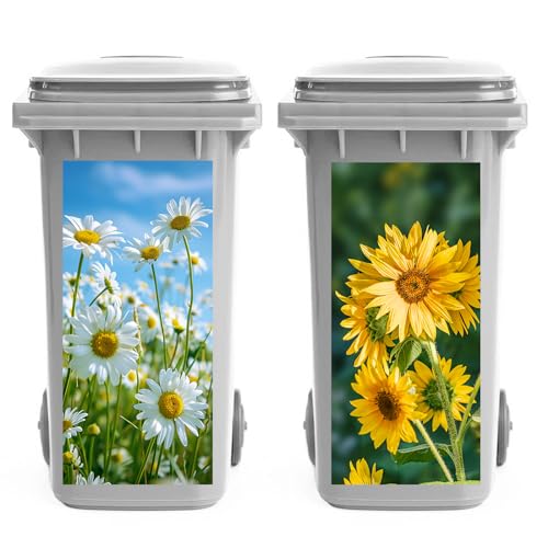 Wheelie Bin Stickers Flowers, 2 Sheets Sunflower Dustbin Sticker Outdoor Self Adhesive Wheelie Bin Labels Daisy Flower Stickers for Bins, Fridge, House, Wall Decoration 14.37 x 30.71 Inch