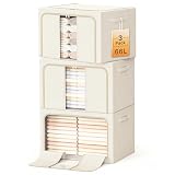 LeArex Clothes Storage Bins with Metal Frame, Foldable Clothes Organizers Storage Containers for Clothes, Sheets, Blankets, Pillows and Towels (66L, 3 Pack) Beige