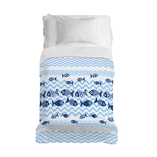 PENSIERI DELICATI Colcha 220 x 280 cm, Solo 100% Algodón Pique, Ideal como Decoración, Manta Guardar Solo Maxi, Fantasía Peces Azules 100% Made in Italy