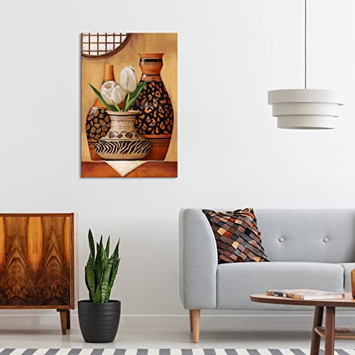 Conipit Still Life Canvas African Vase Wall Art Vertical Brown Painting Tribal Vase Picture Tulip In Retro Vase Artwork Prints For Bedroom Living Room Kitchen Framed 24"X36" #TOP4