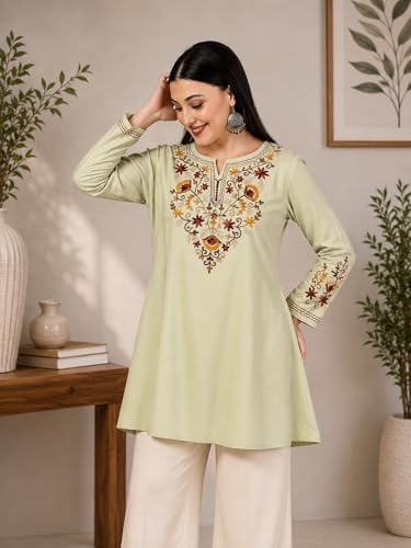 Image of QAZMI Women's Jasmine Kashimiri Aari Embroidered Viscose Rayon A-Line Flared Short Kurti