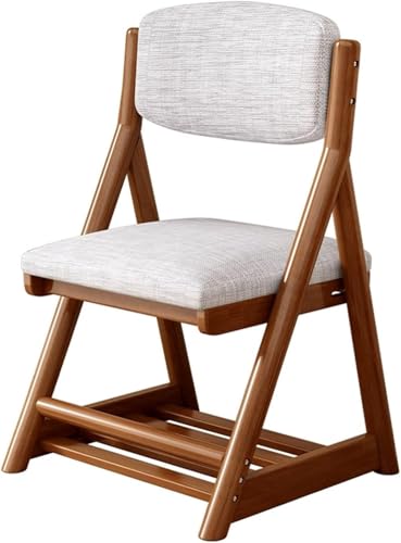 Silla de estudio ergonómica de madera maciza con asiento de tela, respaldo ajustable y diseño sin brazos, ideal para mesa de comedor o escritorio, acabado de nogal. Opciones de tamaño disponibles