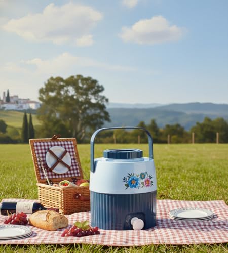Image of Insulated Plastic Water Jug with Floral Design, 5 litres, Food Grade, BPA Free, Easy to Carry Handle, Green and Cream, Ideal for Office, Travel, Picnic and Kitchen (Blue)