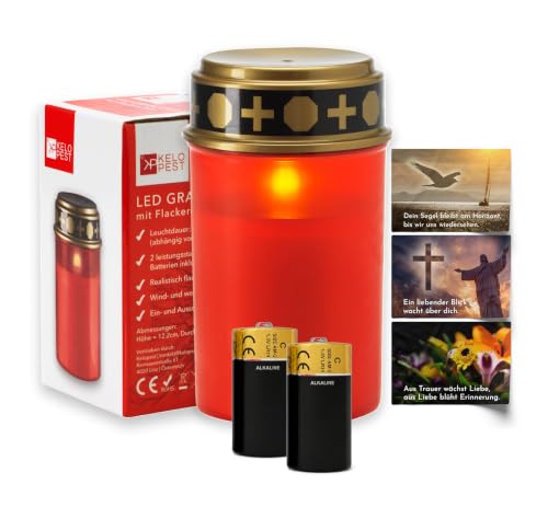 KELOPEST® LED Grablicht rot oder weiß mit Batterie und bis zu 6 Monaten Leuchtdauer - LED Grabkerze mit realistischem Flackereffekt – Ansicht 1