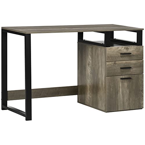 HOMCOM Mesa de Escritorio Mesa de Ordenador Escritorio de Oficina con Puerta 2 Cajones y Marco de Metal para Estudio Despacho 119,5x56x76,8 cm Marrón