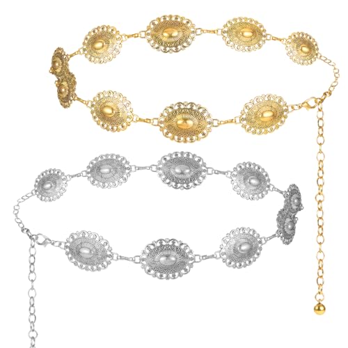 2 Pack Western Metal Concho Belt for Woman Chain Belt Western Chain Belt for Cowgirl Belt Western Dresses Jeans