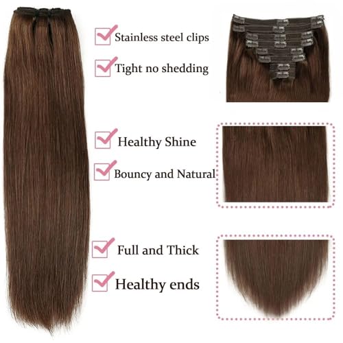 Extensiones de cabello natural de clip, pelo humano castaño de 60 cm y 8 piezas lisas 3