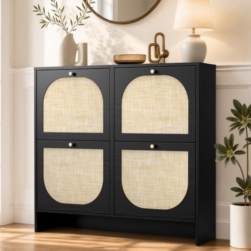 Nicetree Rattan Shoe Cabinet for Entryway, 9.5" Ultra-Thin Narrow Shoe Rack with 4 Flip Drawers, Boho Slim Shoe Storage Organizer with Adjustable Shelves, Anti-Tip Safety, Fits Size 13 Men's Boots