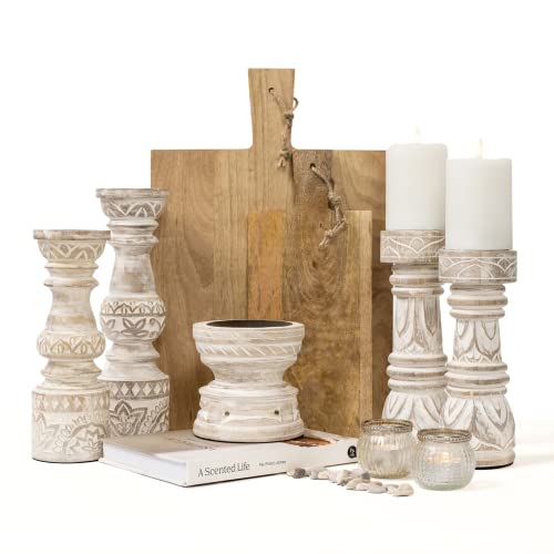 Kurrajong Farmhouse Candle Holder | Small Decorative Wood Candle Holder | 5" High | White Washed Candle Holder For Table Centre Piece #TOP4
