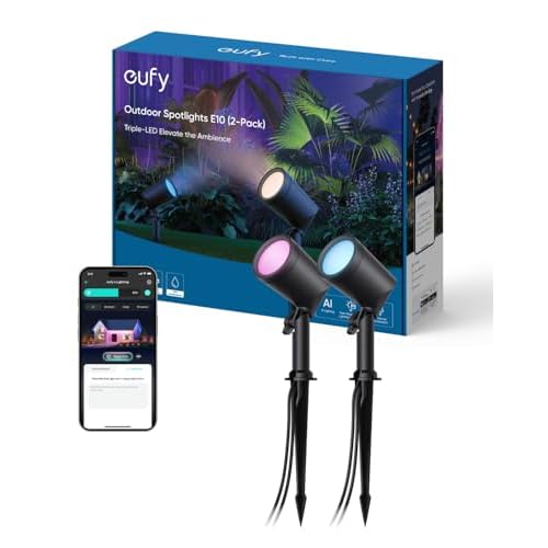 eufy Outdoor Spotlights E10, 2-Pack, Smart Wired RGBWW LED Landscape Lights, 500lm, IP65 Waterproof for Yard, Work with Alexa, Endless AI Light Themes for Christmas, Halloween, Link with Cam