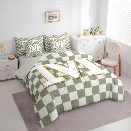 Image of Erosebridal Sage Green Checkered King Bedding Set 7 Piece Plaid Initial M Bed in A Bag with Sheets Personalized Monogram Comforter Set for Kids Adults,Fashion Grids Gingham Bed Sets