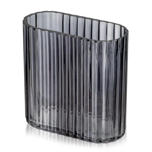 Oairse Clear Glass Vase 17CM Oblong Ribbed Vase for Flowers Decorative Flower Vases for Modern Living Room Dining Table Wedding Home Wedding Party Table Centerpiece - Grey