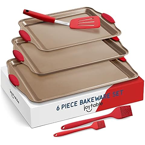 Baking Sheet Set, 3-Piece Cookie Sheet Set with Silicone Handles, Steel Baking Pan, Durable Baking Sheets for Oven, BPA Free Cookie Sheets for Baking Nonstick Set, Premium Sheet Pan, Brown Baking Tray Cover