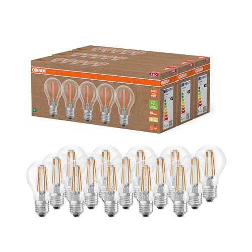 OSRAM Lámparas LED de alta eficiencia con clase de eficiencia energética A, Paquete de 15 bombillas, reemplaza de 60W, blanco cálido (2700K), E27, vidrio de filamento