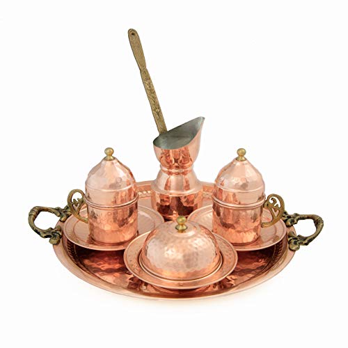 Mandalina Magic Hand hammered Copper Turkish Coffee Set – 2 Cups, Serving Dish, Tray & Cezve