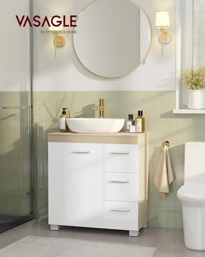 VASAGLE Under Sink Bathroom Cabinet, Storage Cabinet with Feet, 3 Drawers, 2 Compartments Behind the Door, for Washbasins with Pedestal, 30 x 60 x 64 cm, Cloud White and Natural Beige BBK514LL01