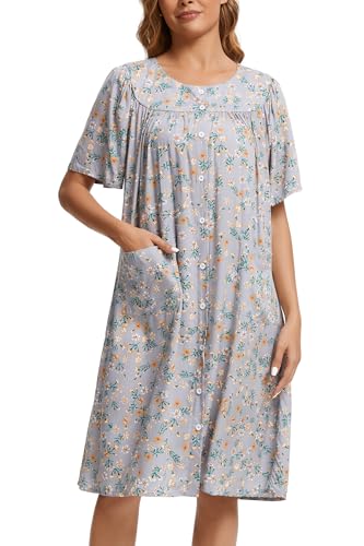 Image of COSUNIONY House Dresses for Women Cotton Short Sleeve House Coat Buttons Down Dusters Robe with Pockets S-XXL