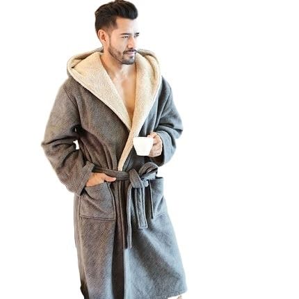 bata Albornoces largos cálidos con capucha de terciopelo coralino de invierno for hombre Albornoz de baño cómodo Unisex para hombres (Color : Light gray, Size : 3XL)