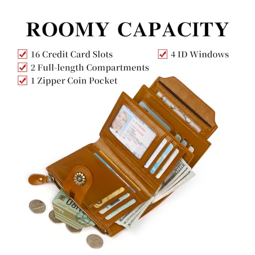 Image of Leather Wallet Women,RFID Blocking Womens Wallet Bifold Compact Card Holder Small Wallet for Women with Removable ID Window LightBrown