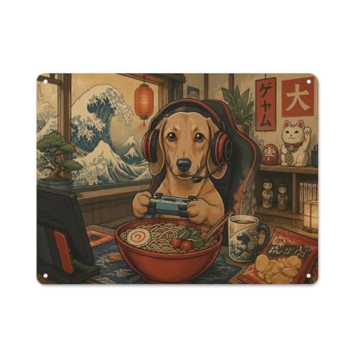 Metallschild als Wanddeko, Dachshund Gamer Ramen Poster, Japanese Dog Ar