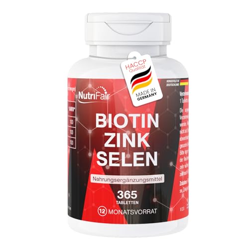 Biotina + zinc + selenio - 365 comprimidos - Piel, cabello y uñas - Alta dosis - 100% vegano - Producción y control de laboratorio en Alemania - NutriFair | Premium & Fair