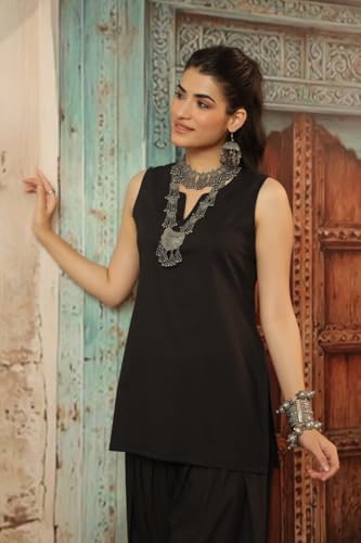 Image of REAM Women's Cotton Sleeveless Kurti and Farshi Salwar Set, Black, Ethnic Wear, Casual and Festive