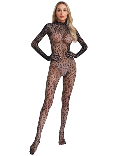 Raenseen dam Sexiga Underkläder Bodystocking Helkroppsdräkter En Del Långärmade Overaller Urringad Ryggkostym Svart One size
