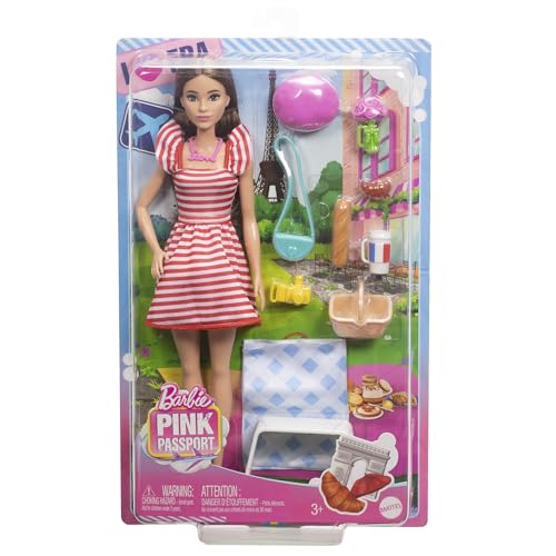 Image of Barbie Doll Set with Clothes & Accessories, Pink Passport Paris Adventures, Includes Brunette Doll & Picnic Pieces