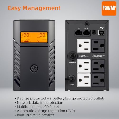 PowMr UPS 1500VA/800W, LCD, AVR, UPS Battery Backup & Surge Protector