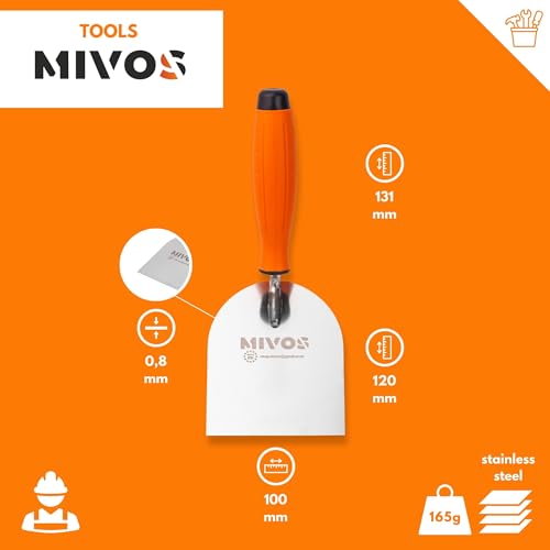 Mivos Stukkateurspachtel 100 x 120 mm mit Softgriff - Rostfrei - Edelstahl Maurerkelle 100 mm - Gipserspachtel - Putzerkelle - Kelle für Mauererarbeiten - Made in EU