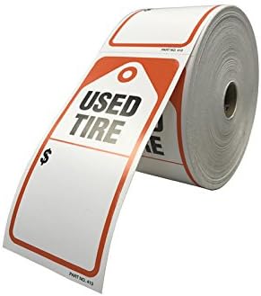 Used Tire Label - Actual Label Size 3"X6", Orange, Black & White Tire Vinyl, Write On Surface, 500 Labels Per Roll, 1 Roll Count