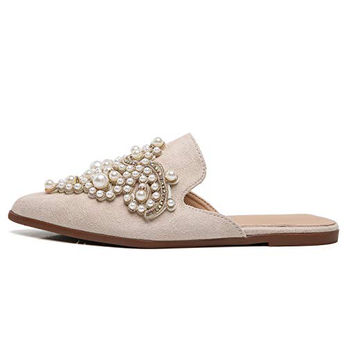 Tilocow Pearl Decor Mules For Women Flats Pointed Toe Backless Flat Slip On Slides Women's Mule Shoes #TOP3