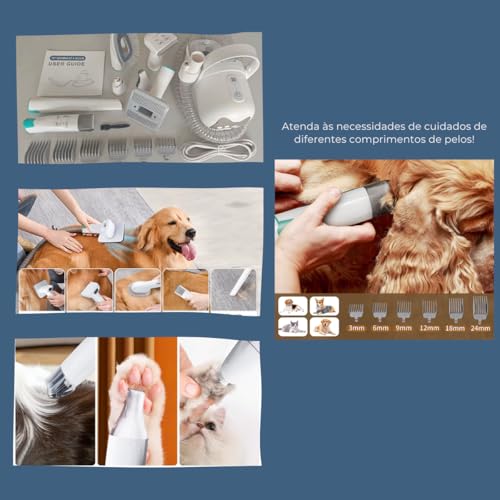 Kit de Higiene e Grooming para Pets 5 em 1 - Tosa, Escovação, Remoção de Pelos e Aspiração com Siste