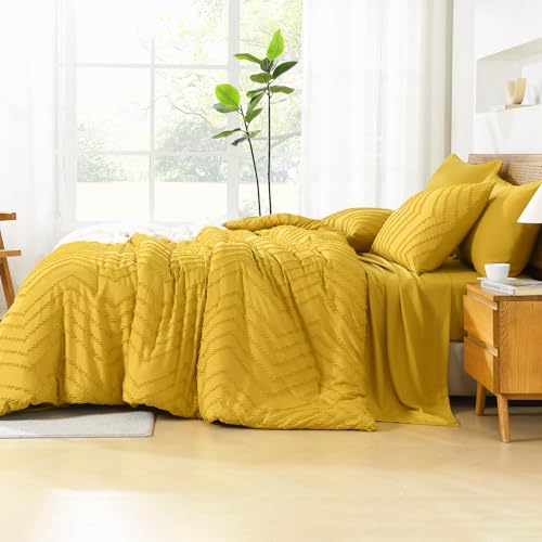 Image of Litanika King Size Comforter Set with Sheets Mustard Yellow - 7 Pieces Bed in a Bag King Chevron Tufted Complete Bedding Sets with Comforter, Sheets, Pillowcases & Shams