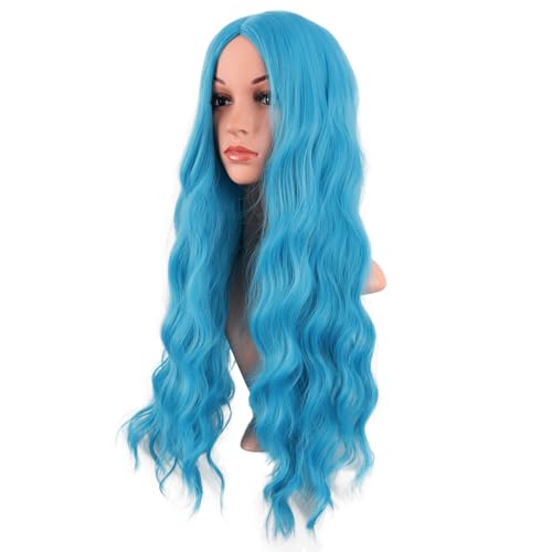 Image of MapofBeauty 28 Inch /70 cm Long Wavy Middle Part with No Bangs Synthetic Fiber Curly Fashion Women Party Cosplay Wig (Cyan Blue)