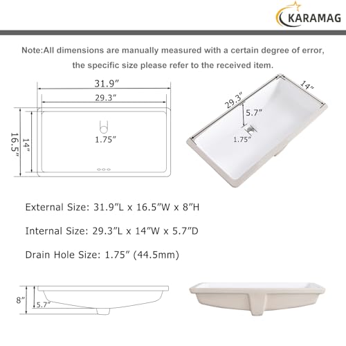 Image of 32 Inch Undermount Bathroom Sink Rectangle Undermount Sink White Ceramic Under Counter Bathroom Sinks with Overflow (31.9 inchx16.5 inch)