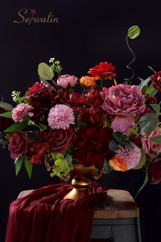 Serwalin Artificial Flowers Combo Dahlia Fake Flowers Silk Roses For Diy Wedding Bridal Bouquets Burgundy Pink Centerpieces Arrangements Party Baby Shower Home Decorations(Burgundy) #TOP2