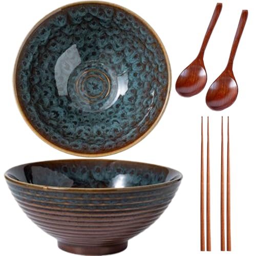 Sightday Lot de 2 bols à ramen de 1200 ml, en céramique, bol à ramen avec cuillère à ramen et baguettes, bols à soupe, pour nouilles, soupe, salade, grand, queue de paon