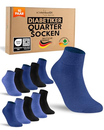 sockenkauf24 10 Paar kurze Diabetikersocken Herren Damen ohne Gummibund & ohne Naht Quarter Diabetiker Socken Kurzschaft mit Komfortbund ohne Gummi (Schwarz/Blau 39-42)