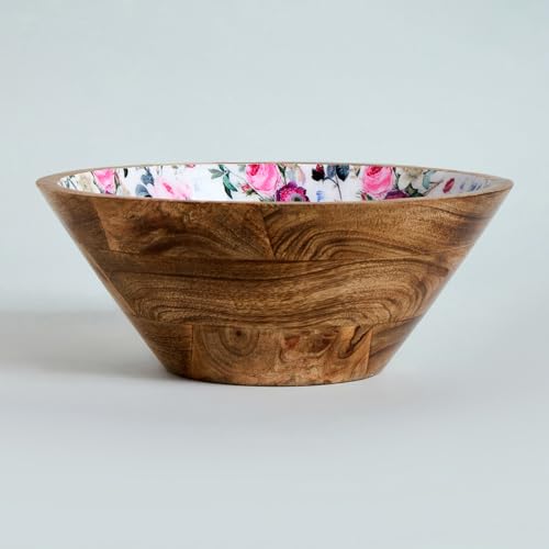 Image of SAAGA Handcrafted Mango Wood Serving Bowl - 10x4 Inch Printed Round Bowl | Food-Grade Finish for Noodles, Soups, Curries & Snacks - Red Violet