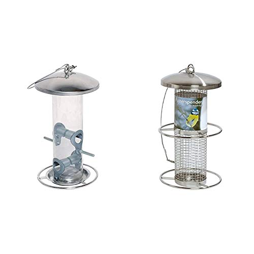 dobar 10089 Futterspender mit Vier Futterplätzen für Vögel, 14 x 14 x 26 cm, Metall & Futterspender für Vögel mit Edelstahlgitter, Futterstation-Futtersäule für Anflugsringen, 14 x 14 x 26 cm, Metall