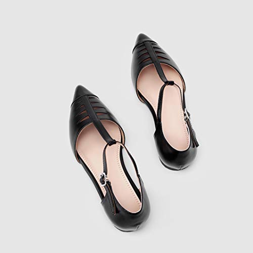 Lehoor Women Pointed Toe T-Strap Flats Ankle Strap Genuine Leather Low Heel Pumps Closed Toe Summer Trendy Sandals For Women Comfortable Concise Dress Shoes Black Size6 #TOP2