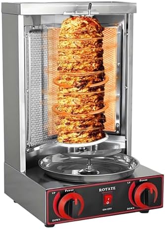 Vertical Gyro Rotisserie Machine - Commercial Shawarma Grill with Bold Heating Tube, 360° Rotating, Adjustable 122-572°F, Stainless Steel for Home & Professional Cooking.