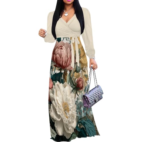 Image of Women's Plus Size Maxi Dresses Long Sleeves V Neck Floral Print Bohemian Swing Long Dress with Belt