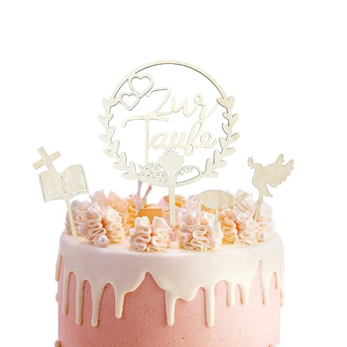 LdawyDE Déco Torte Baptême, 1 Topper Bois & 3 Déco Cupcakes en Forme de Colombe, Poissons, Livres de Prière, Décoration Baptême pour Garçons et Filles