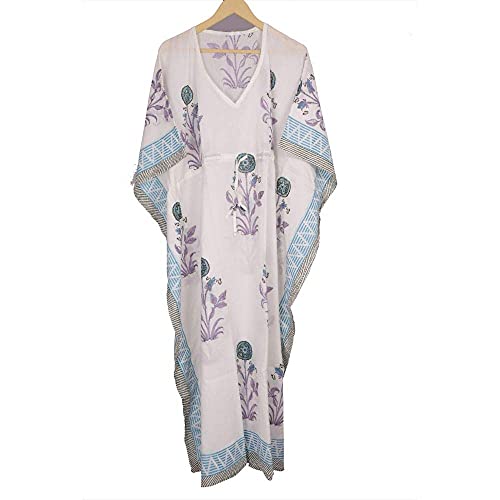 Fabric Venue Women s Ethnic Hand Block Print Sanganeri Cotton Maxi Kaftan Nightwear Dress Beach Wear Floral Dress Kaftan Blue