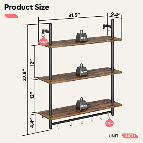 Bestier 3 Tier Industrial Pipe Shelving, Floating Book Shelves for Wall, Storage Hanging Shelves with Towel Bar for Bathroom Organizer Bedroom Kitchen Plants Office. 31.5 Inch Rustic Brown - Thumbnail 2